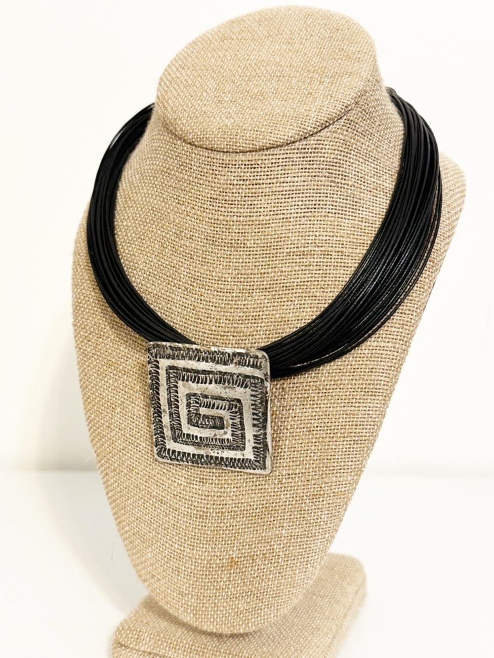 Artisan Textured Silver Square Pendant Necklace Black Multi-Strand Cord - Picture 4 of 4